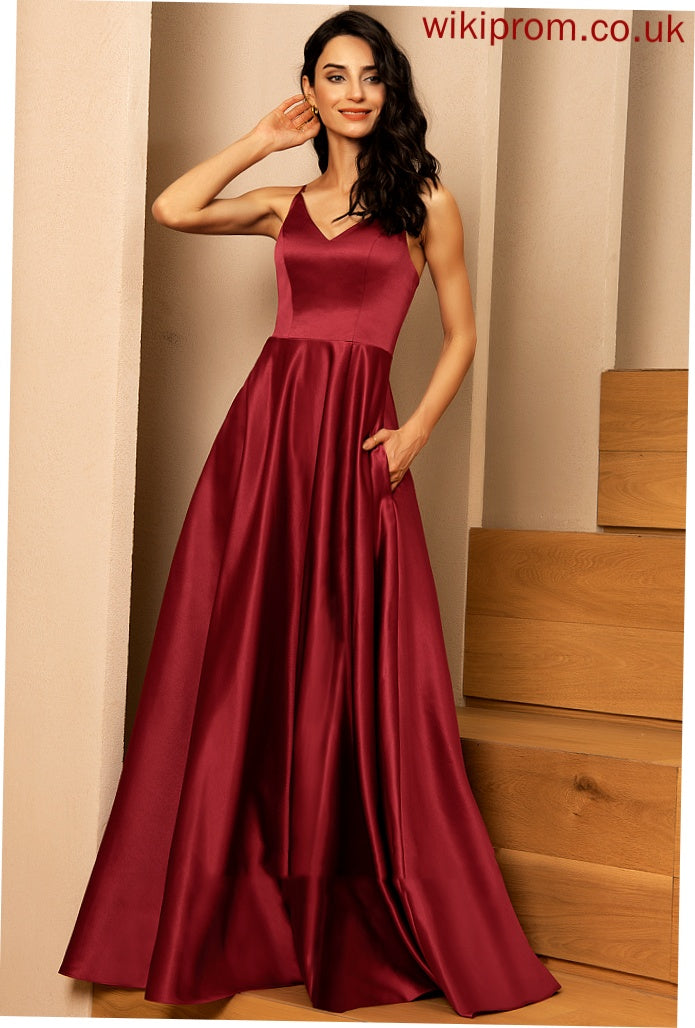 Neckline V-neck Fabric Silhouette Pockets Length Floor-Length A-Line Embellishment Prudence Natural Waist Sleeveless Bridesmaid Dresses