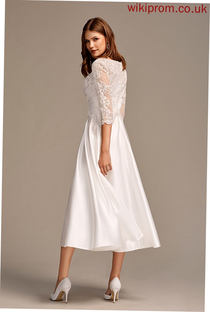 A-Line Wedding Neck Shayla Satin Lace Wedding Dresses Scoop Dress Pockets Tea-Length With