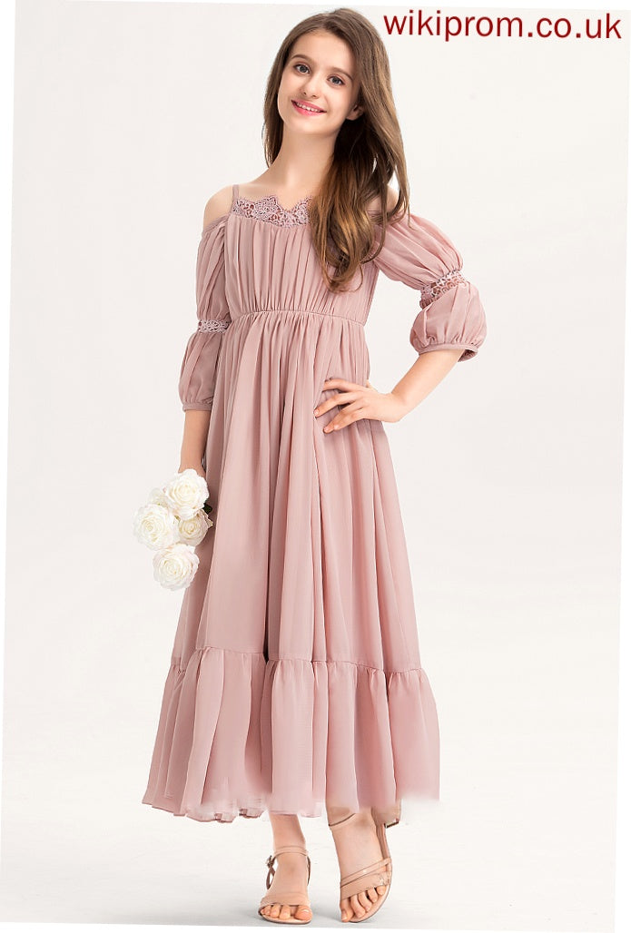 With Junior Bridesmaid Dresses Ruffle Lace Gabriela Chiffon A-Line Ankle-Length Square Neckline