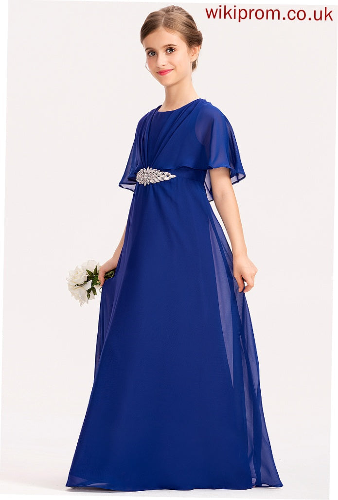 Scoop Junior Bridesmaid Dresses Chiffon Ruffle A-Line Floor-Length Zion Neck With Beading