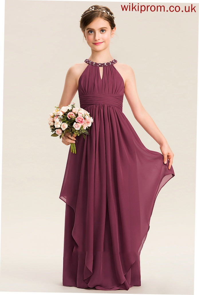 Junior Bridesmaid Dresses Beading Floor-Length Chiffon Sharon Neck A-Line Scoop Ruffle With