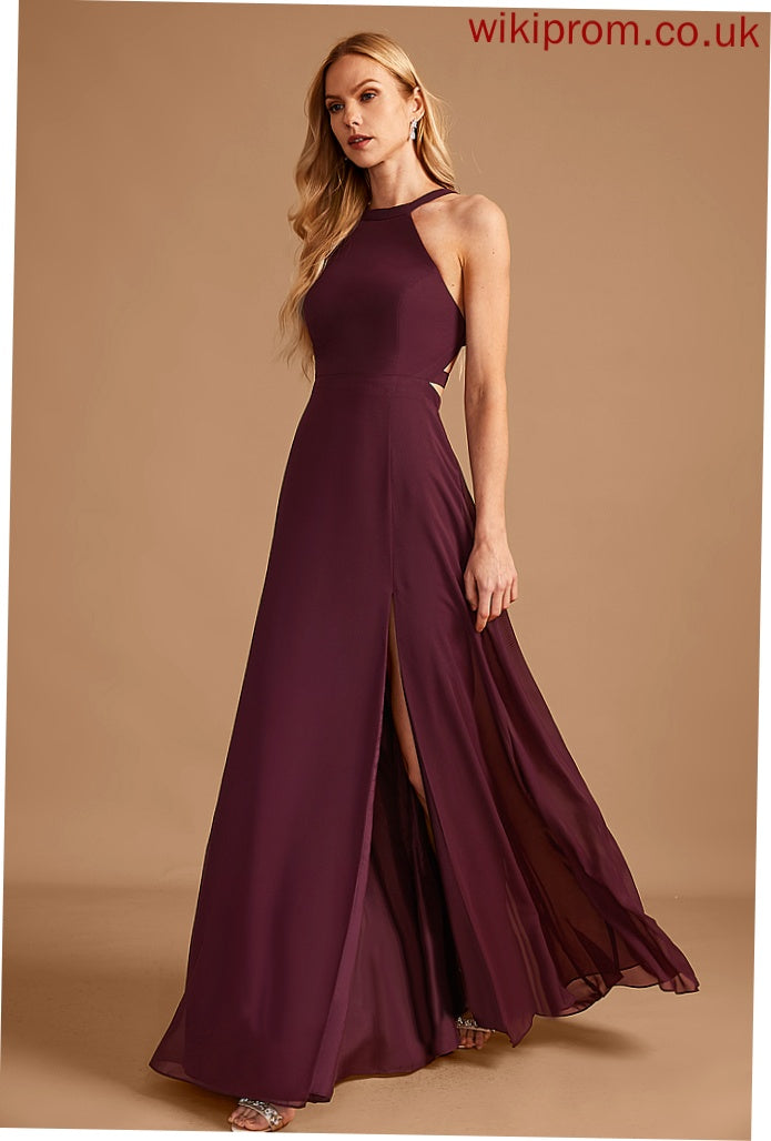 Neckline Fabric Floor-Length Embellishment Length Silhouette SplitFront A-Line HighNeck Genevieve A-Line/Princess Sleeveless Bridesmaid Dresses