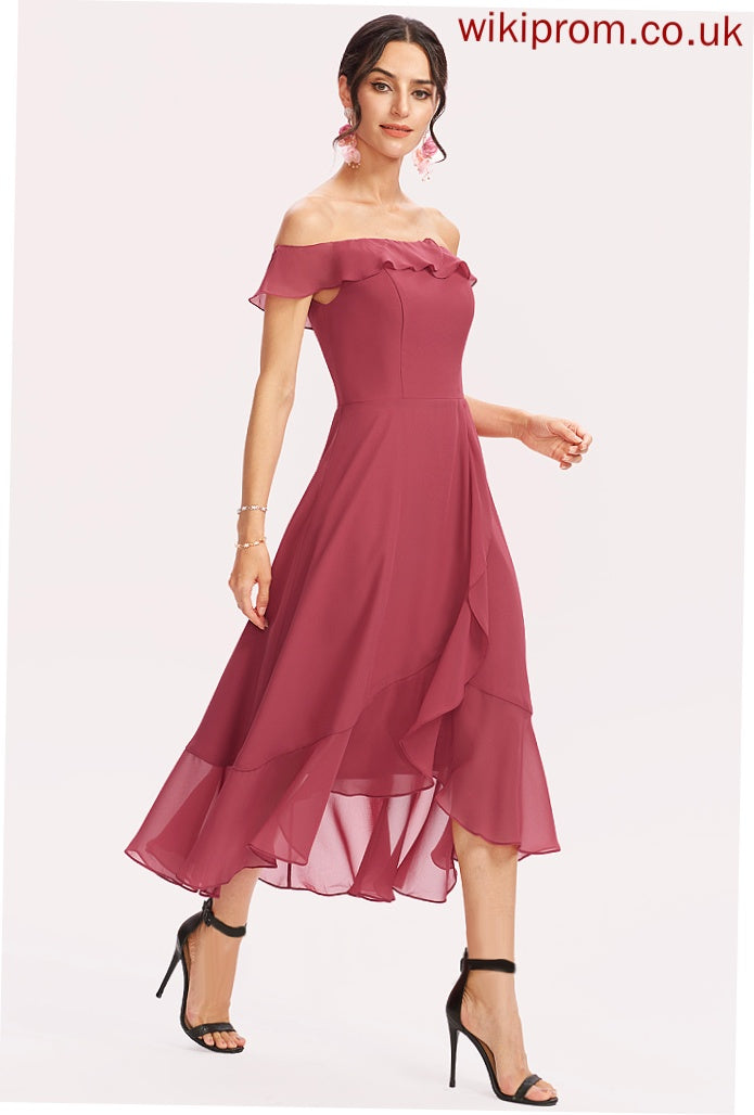 Length A-Line Silhouette CascadingRuffles Off-the-Shoulder Fabric Tea-Length Embellishment Neckline Mattie A-Line/Princess Natural Waist Bridesmaid Dresses