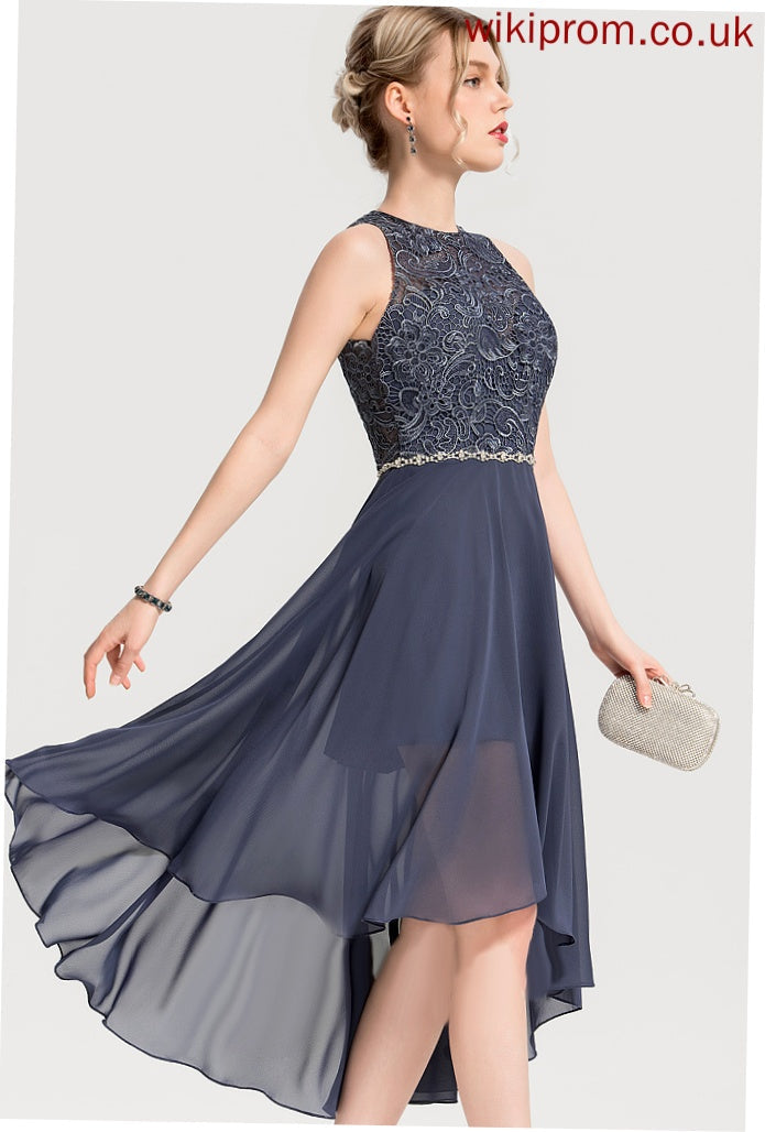 Beading Cocktail Dresses Dress Louise Scoop Chiffon With Neck Lace Cocktail Asymmetrical A-Line