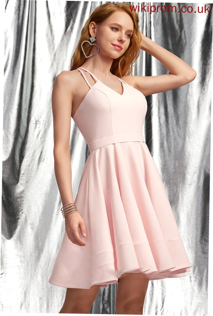 Ashley Stretch A-Line Homecoming V-neck Crepe Dress Short/Mini Homecoming Dresses