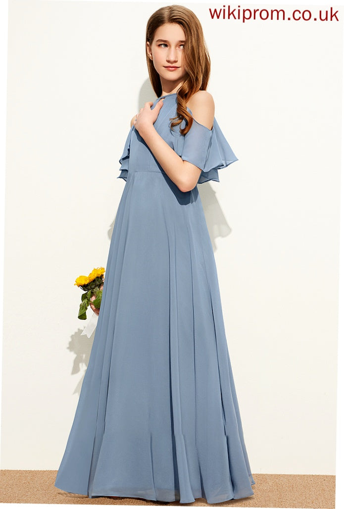 With Scoop Chiffon Neck Junior Bridesmaid Dresses Floor-Length A-Line Ruffles Cascading Taylor