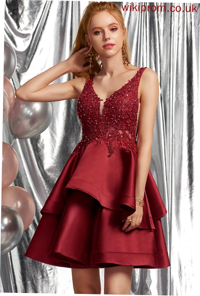 Beading Lace With Homecoming Satin Tina V-neck Homecoming Dresses Short/Mini Sequins Dress A-Line