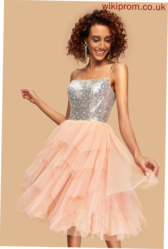 Tulle Homecoming Eve Square A-Line Dress Knee-Length Sequins Homecoming Dresses With Neckline