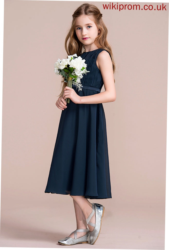 Ruffle A-Line Junior Bridesmaid Dresses Scoop Tiana Neck Chiffon With Tea-Length