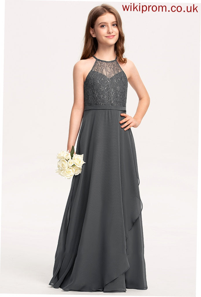 A-Line Scoop Chiffon With Junior Bridesmaid Dresses Lace Germaine Ruffles Cascading Neck Floor-Length