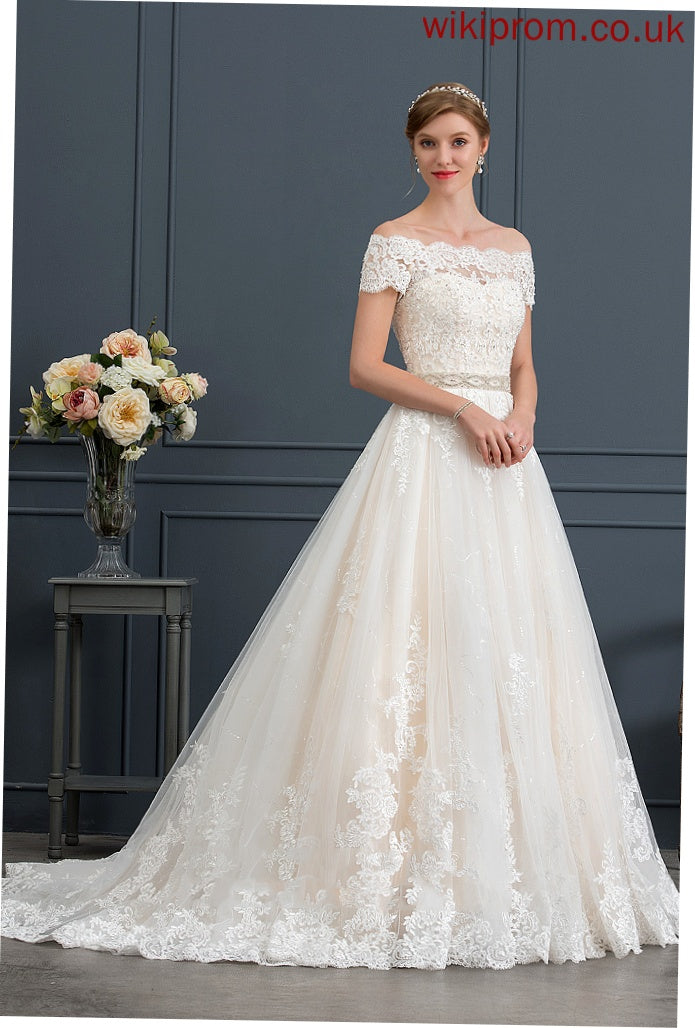 Off-the-Shoulder Sequins Beading Tulle Train Ball-Gown/Princess Wedding Dresses Lace Wedding Azaria Dress With Court