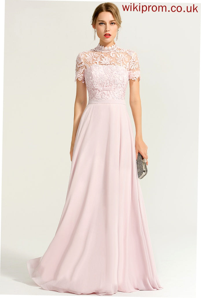 Floor-Length Chiffon Prom Dresses High With Lace Sequins Alisha Neck A-Line