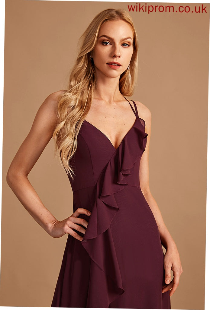 V-neck A-Line Embellishment Length Silhouette SplitFront Neckline Fabric Ruffle Asymmetrical Lorna Bridesmaid Dresses