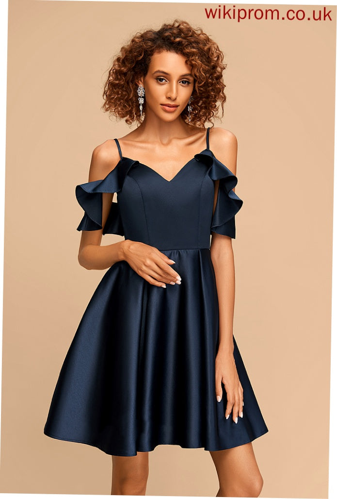 Cascading With Nathalie Homecoming Dresses A-Line V-neck Dress Satin Homecoming Ruffles Short/Mini