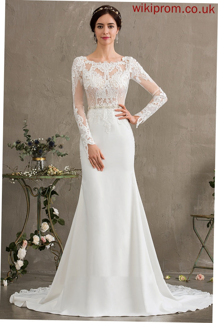 Sequins Dress Train Trumpet/Mermaid Lace Wedding Dresses Crepe Scoop Stretch Chapel Wedding Neck With Beading Willow