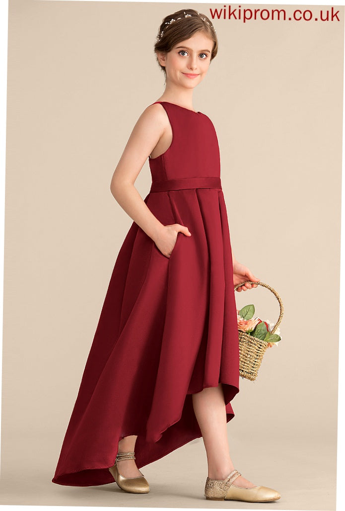 A-Line Teagan Pockets Scoop Neck Asymmetrical With Ruffle Junior Bridesmaid Dresses Satin