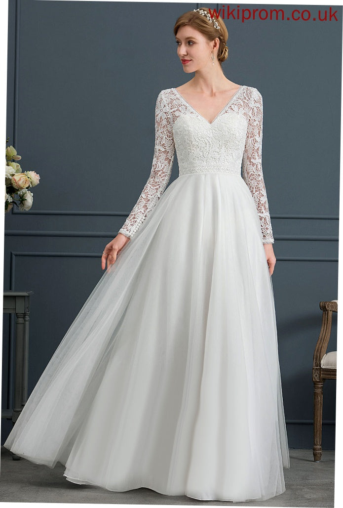 V-neck Lace Tulle Wedding Janiyah Dress A-Line Floor-Length Wedding Dresses