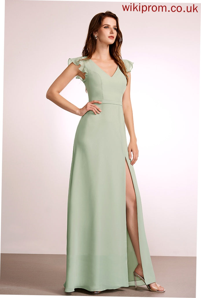 Embellishment V-neck Length SplitFront A-Line Floor-Length Silhouette Neckline Fabric Ariella Cap Sleeves Natural Waist Bridesmaid Dresses