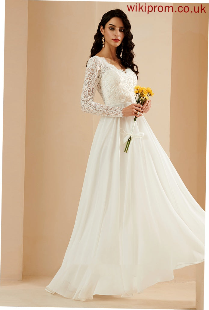 Wedding Wedding Dresses Train A-Line Chiffon Sweep Kenya Lace Dress V-neck With