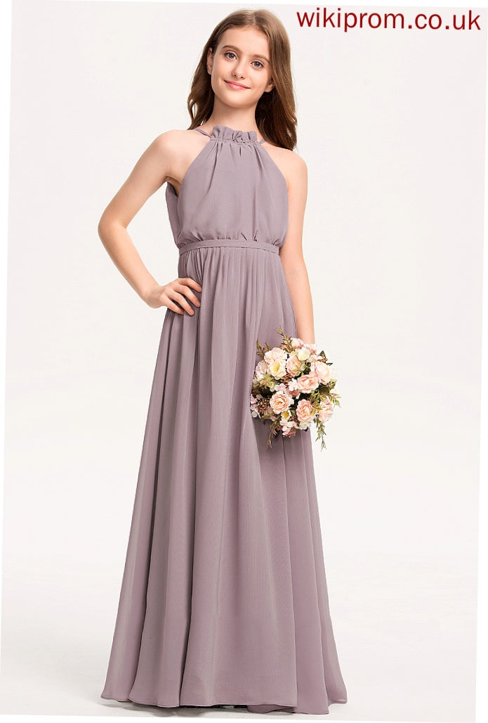 A-Line Cascading Junior Bridesmaid Dresses Bow(s) Floor-Length Ruffles Neck Mya With Chiffon High