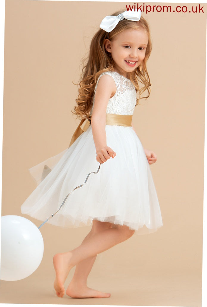 Dress Knee-length Satin/Tulle/Lace Girl With Sleeveless Natalee - Neck Scoop Sash/Bow(s)/Back Flower Girl Dresses Flower Hole A-Line