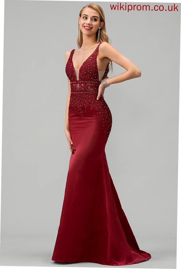 V-neck Satin Maud Prom Dresses Beading Trumpet/Mermaid With Train Sweep Sequins