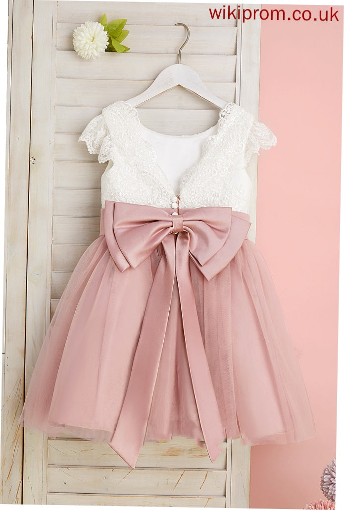 Short Flower Girl Dresses Knee-length Neck Lace/Bow(s) Tulle Flower A-Line - Mareli With Scoop Sleeves Girl Dress