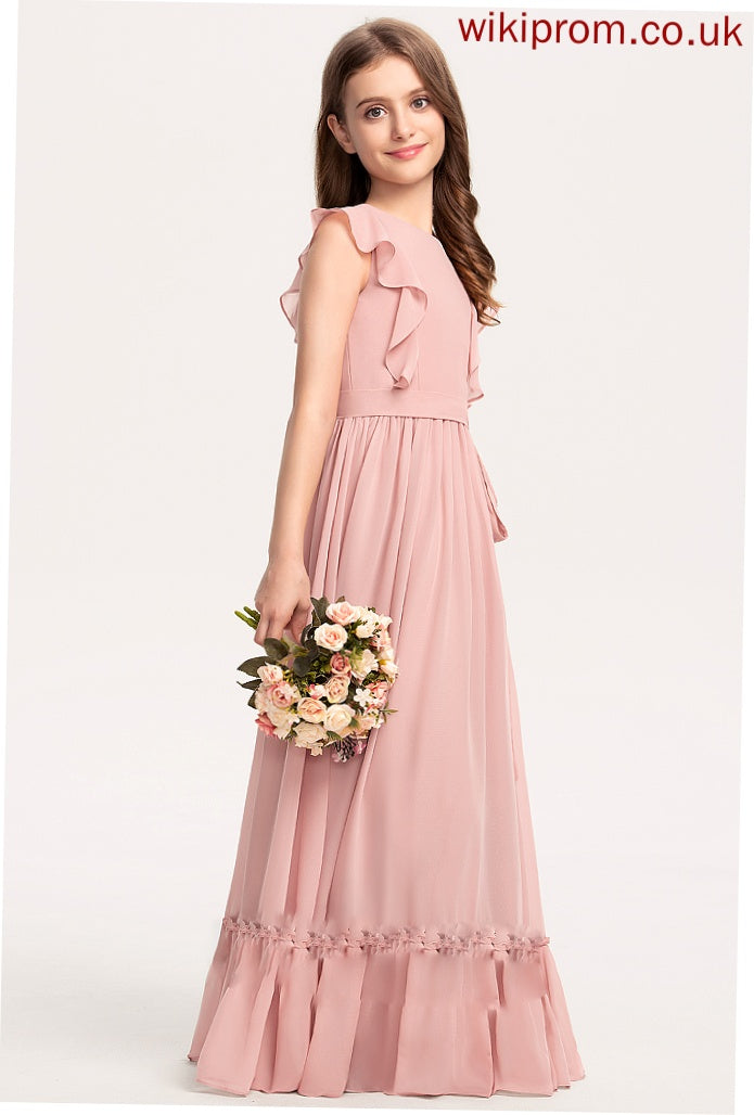 Floor-Length Bow(s) Katharine Cascading A-Line With Chiffon Neck Junior Bridesmaid Dresses Ruffles Scoop