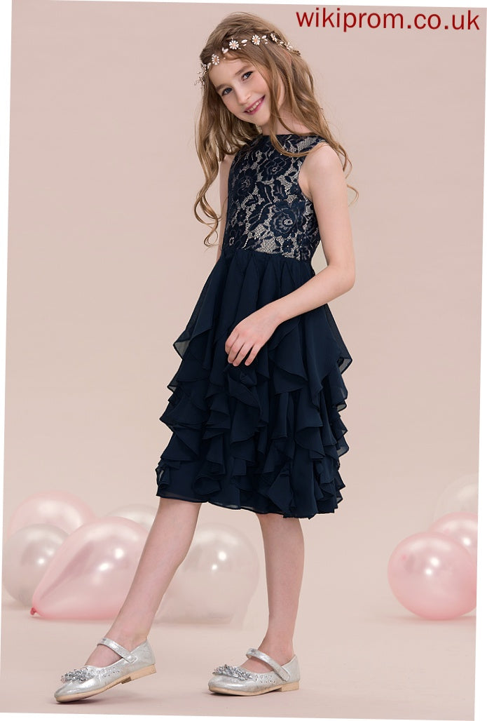 Scoop A-Line Ruffles Junior Bridesmaid Dresses Mikayla Neck Cascading With Knee-Length Chiffon