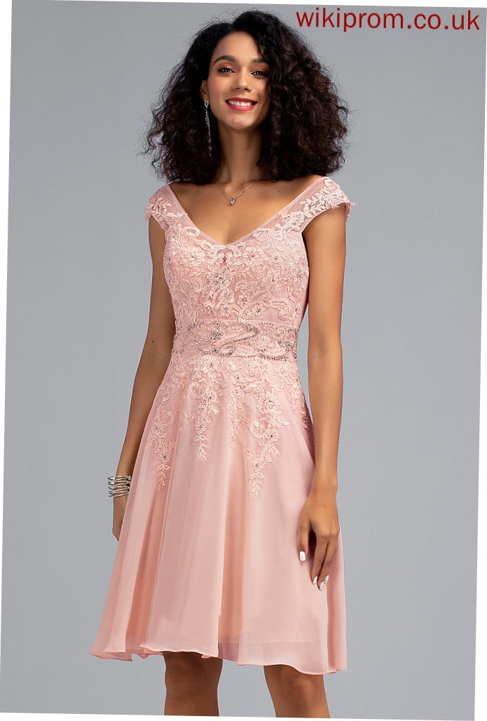 Homecoming Dresses Knee-Length Lace A-Line V-neck Tiara Homecoming Chiffon With Dress Beading