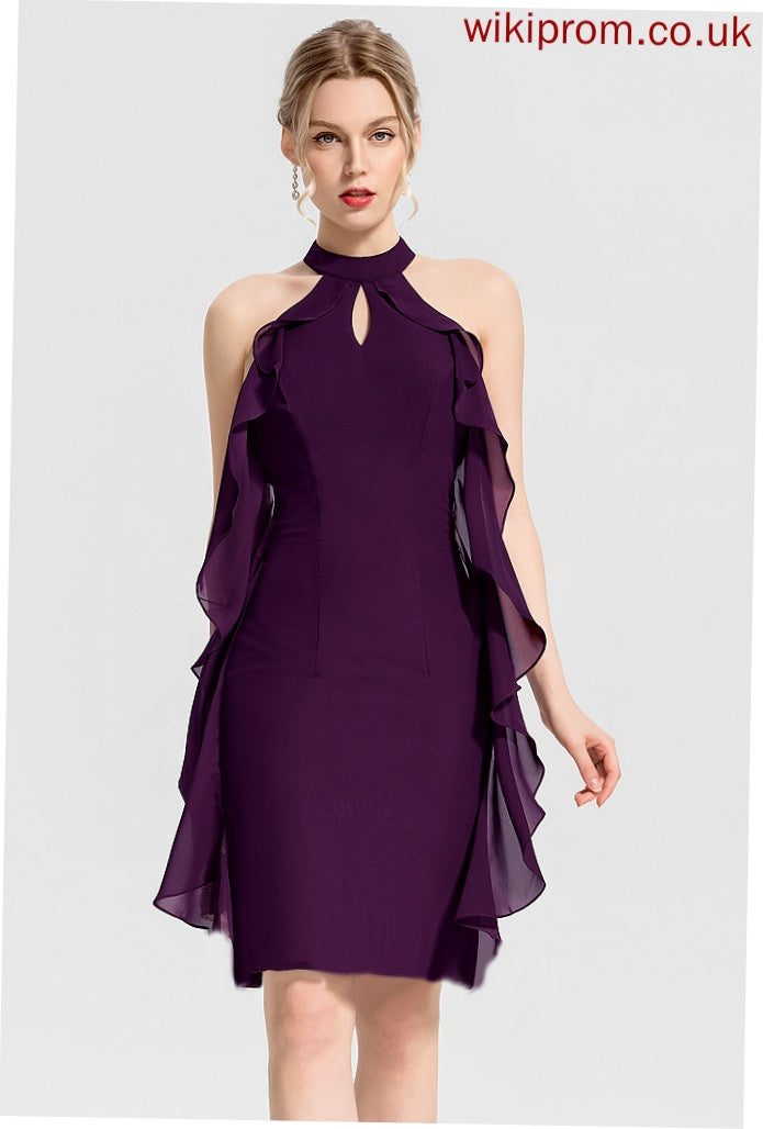 Sabrina With Neck Chiffon Knee-Length Dress Ruffles Cocktail Cascading Sheath/Column Scoop Cocktail Dresses