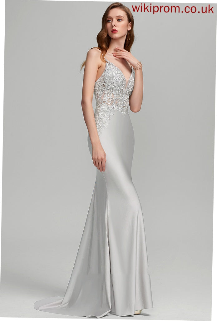 Dayami V-neck Jersey Prom Dresses Train Sequins Sweep With Trumpet/Mermaid