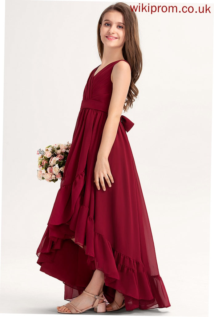 Jenny Chiffon Bow(s) V-neck Junior Bridesmaid Dresses A-Line Ruffles Cascading Asymmetrical With