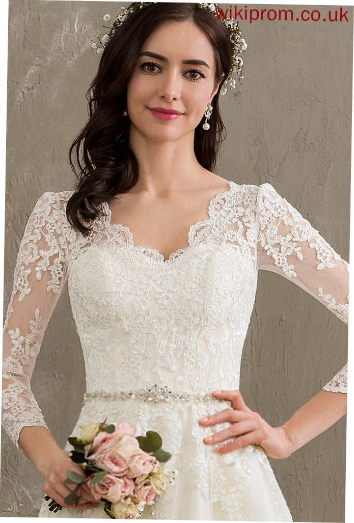 Wedding Dresses Chapel Ball-Gown/Princess Lace Sequins With Beading V-neck Train Wedding Alison Dress Tulle