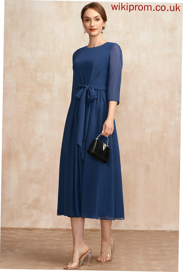 Bow(s) Cocktail Scoop Dress Tea-Length With Ruffle Chiffon Neck Cocktail Dresses A-Line Evelin