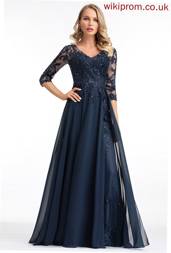 With Lace Sequins Prom Dresses Floor-Length A-Line Litzy V-neck Chiffon