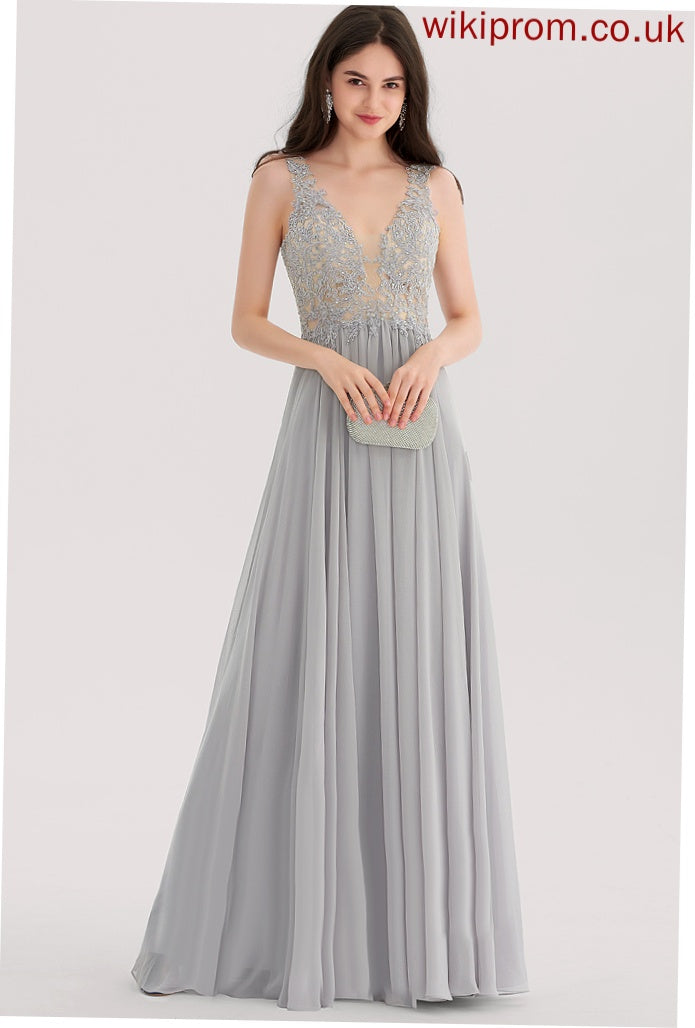 A-Line Rhinestone Abbey V-neck With Lace Chiffon Floor-Length Prom Dresses