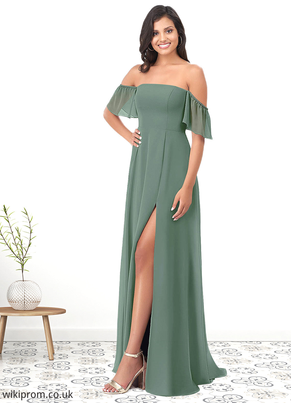 Christina A-Line Off the Shoulder Chiffon Floor-Length Dress SWKP0019614