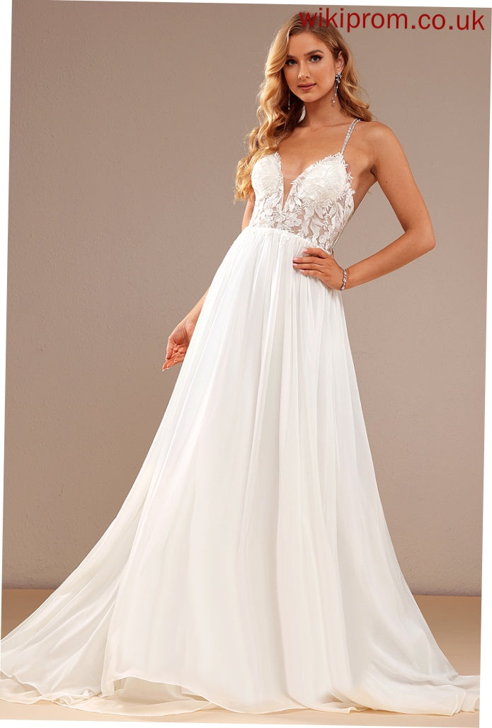 Sequins Wedding Sweep Train Dress V-neck Chiffon Beading With A-Line Wedding Dresses Lace Leanna