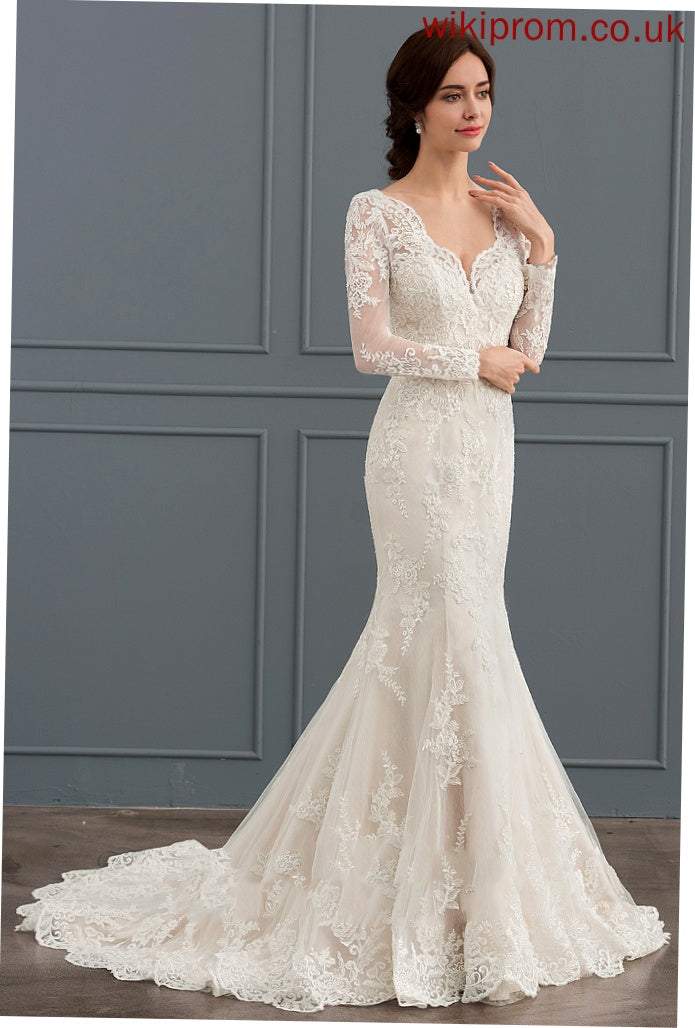 With Court Train Lace Anaya Trumpet/Mermaid Tulle Dress V-neck Wedding Dresses Wedding Beading