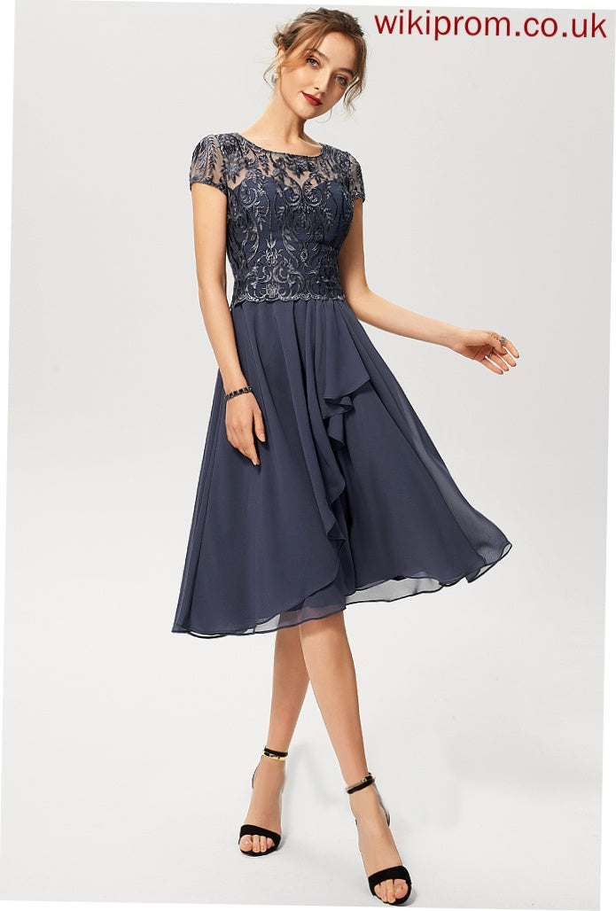 Knee-Length Dress Cocktail Dresses Scoop Aniya Cocktail Cascading Lace Chiffon With Neck Ruffles A-Line