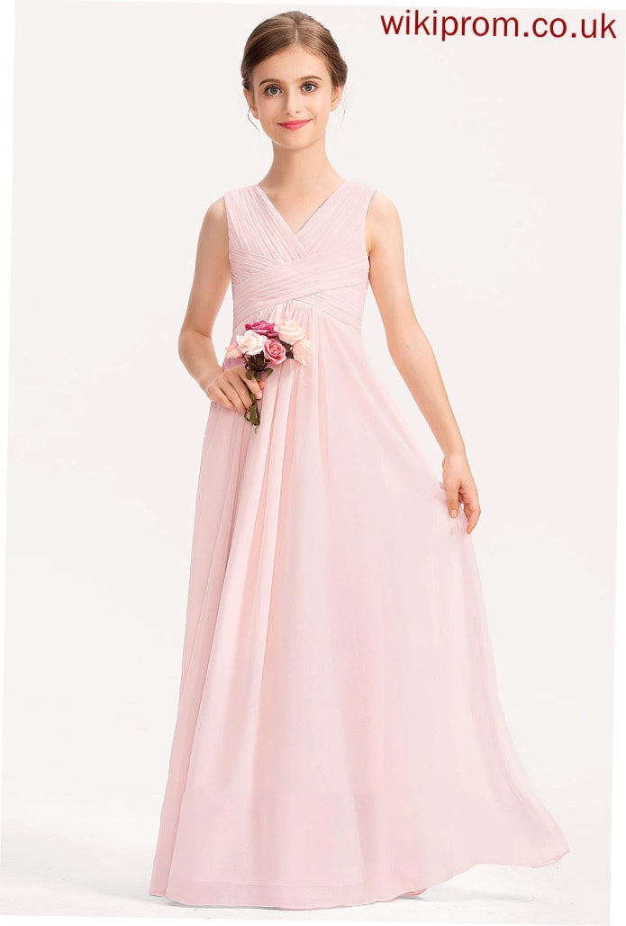 Chiffon V-neck Floor-Length Ruffle A-Line Junior Bridesmaid Dresses Rachel With