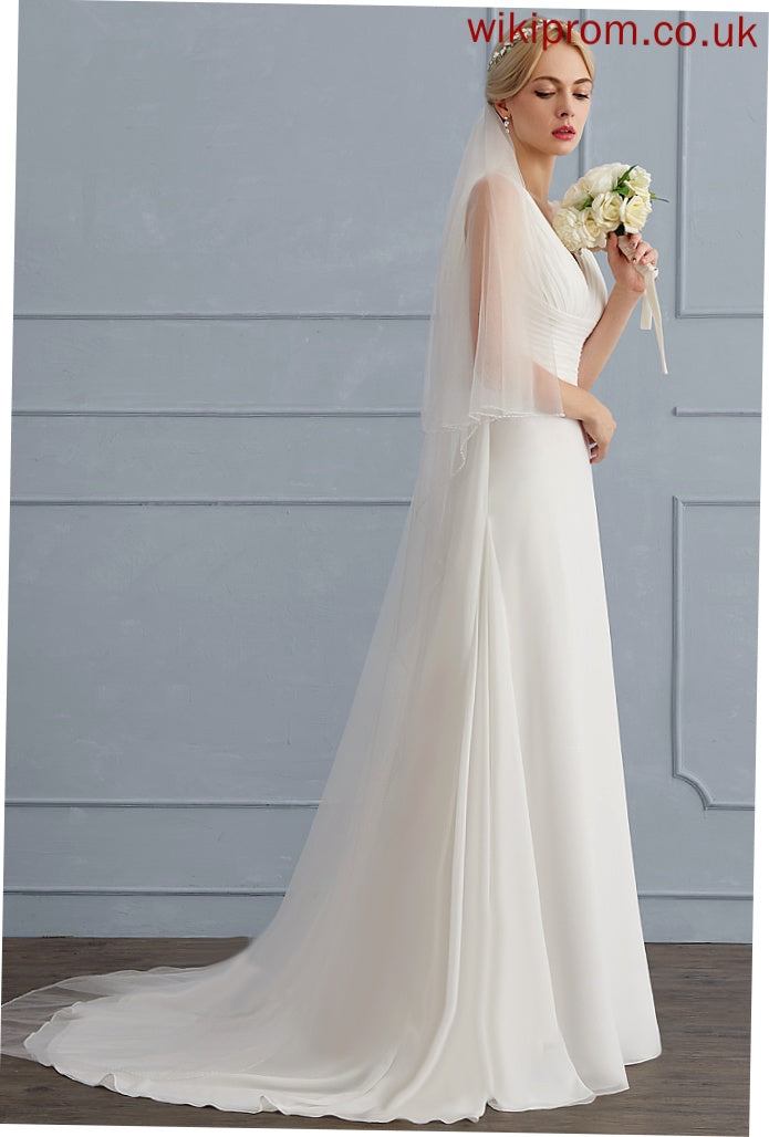 Dress Lace A-Line Wedding Danica Wedding Dresses Train Ruffle V-neck Sweep With Chiffon