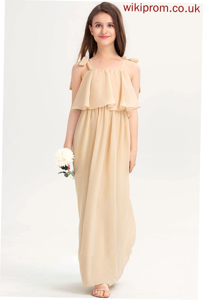 With Chiffon Ruffles Neckline Kendall Square Floor-Length Cascading Junior Bridesmaid Dresses Bow(s) A-Line