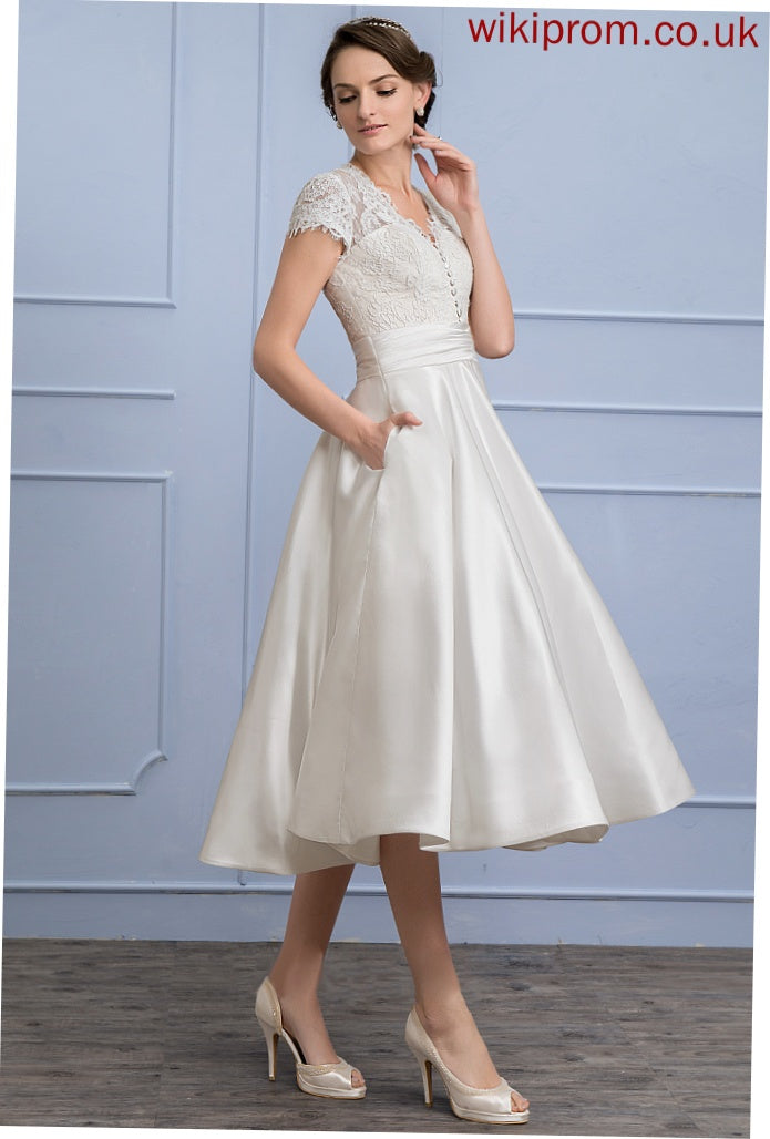 Wedding Tea-Length Sadie Satin Dress Wedding Dresses V-neck A-Line Ruffle With Lace