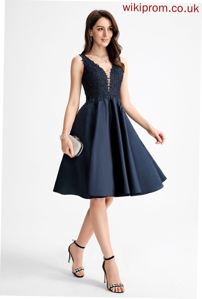 Beading Homecoming Lace Dress Anaya A-Line Knee-Length With Satin V-neck Homecoming Dresses