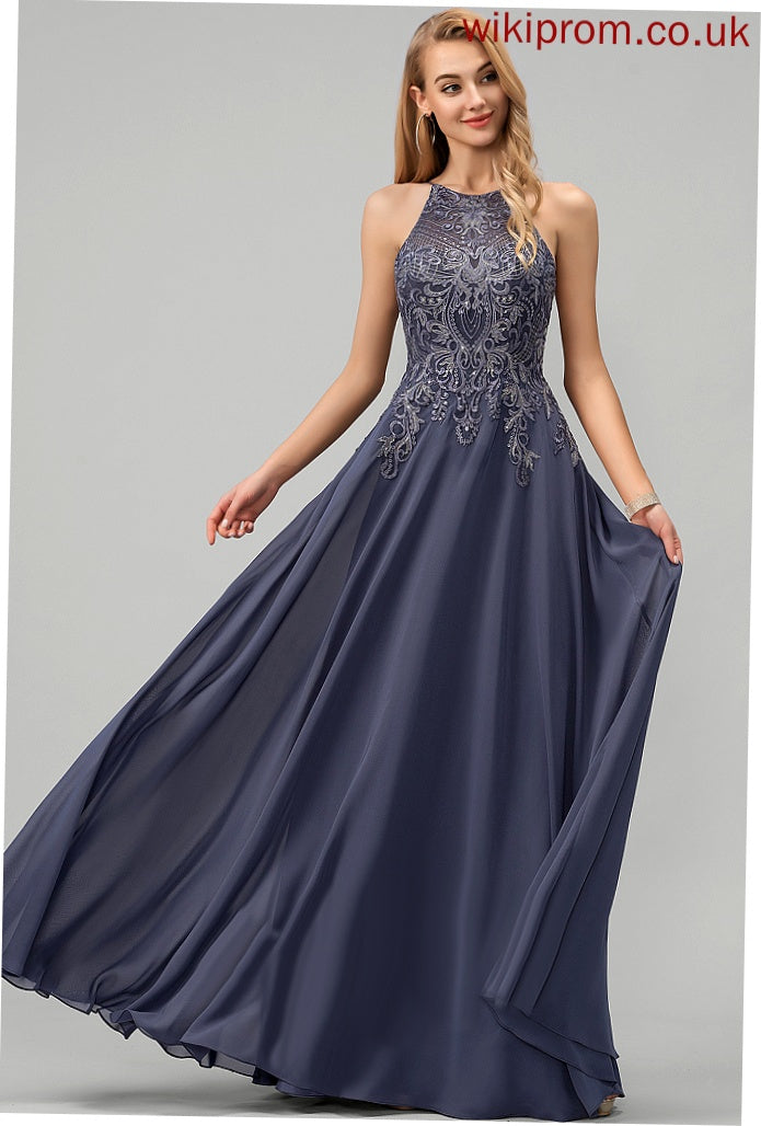 Lace With A-Line Scoop Chiffon Prom Dresses Floor-Length Sequins Kelsie