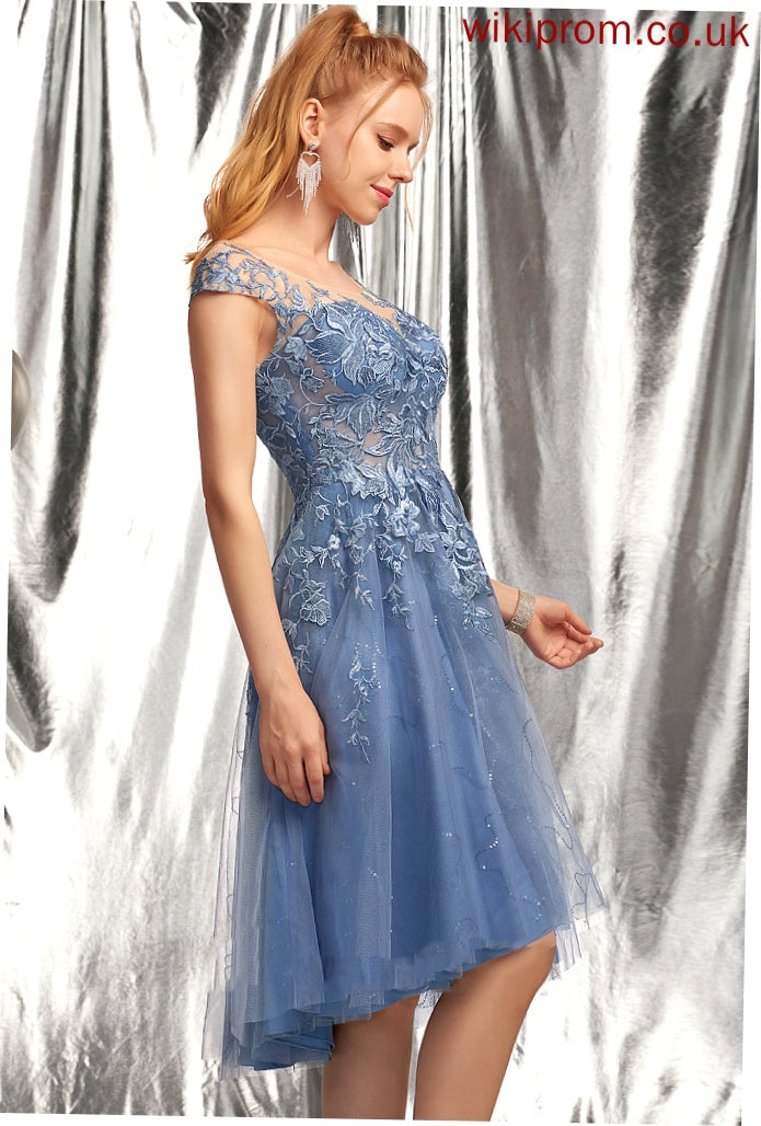 Tulle Yasmine With Scoop Homecoming Dresses Neck A-Line Sequins Lace Dress Homecoming Asymmetrical