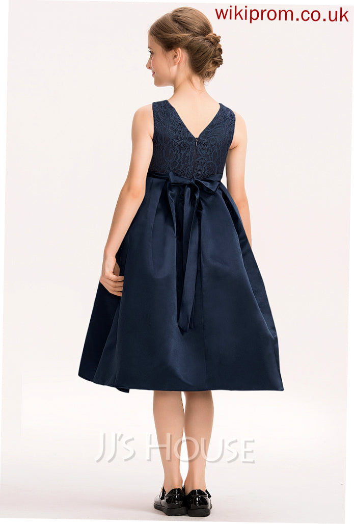 A-Line Lace Satin With Scoop Beading Bow(s) Junior Bridesmaid Dresses Caitlyn Knee-Length Neck