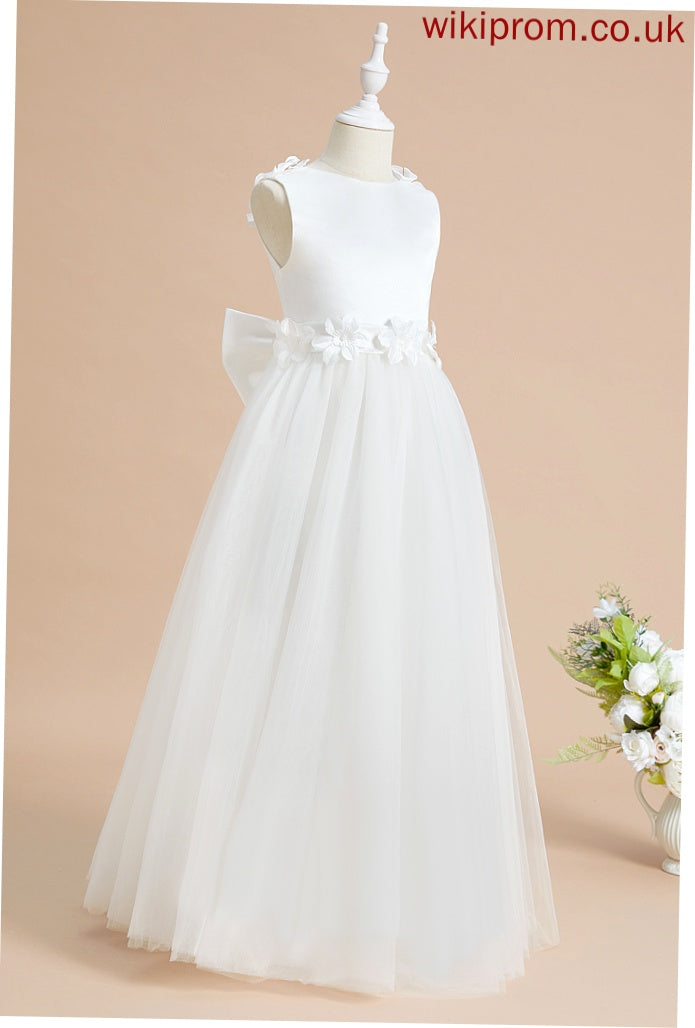 Flower(s)/Bow(s) Girl Satin/Tulle Neck Scoop Dress With A-Line Flower Girl Dresses Floor-length Sleeveless Flower Lacey -